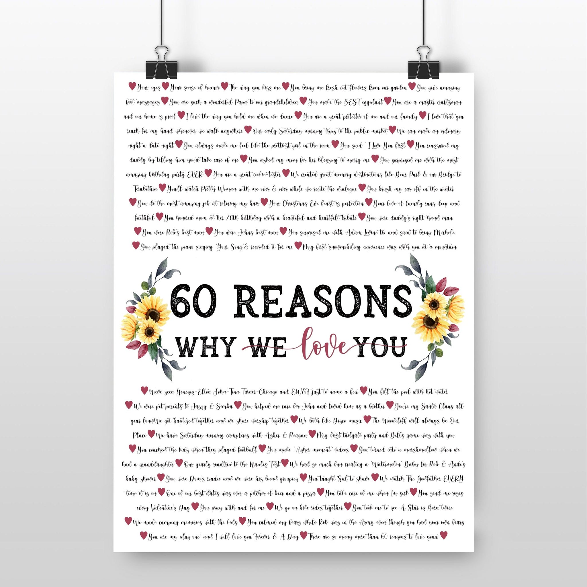 60 Reasons We Love You, Personalized 60th Birthday Gift Giclée