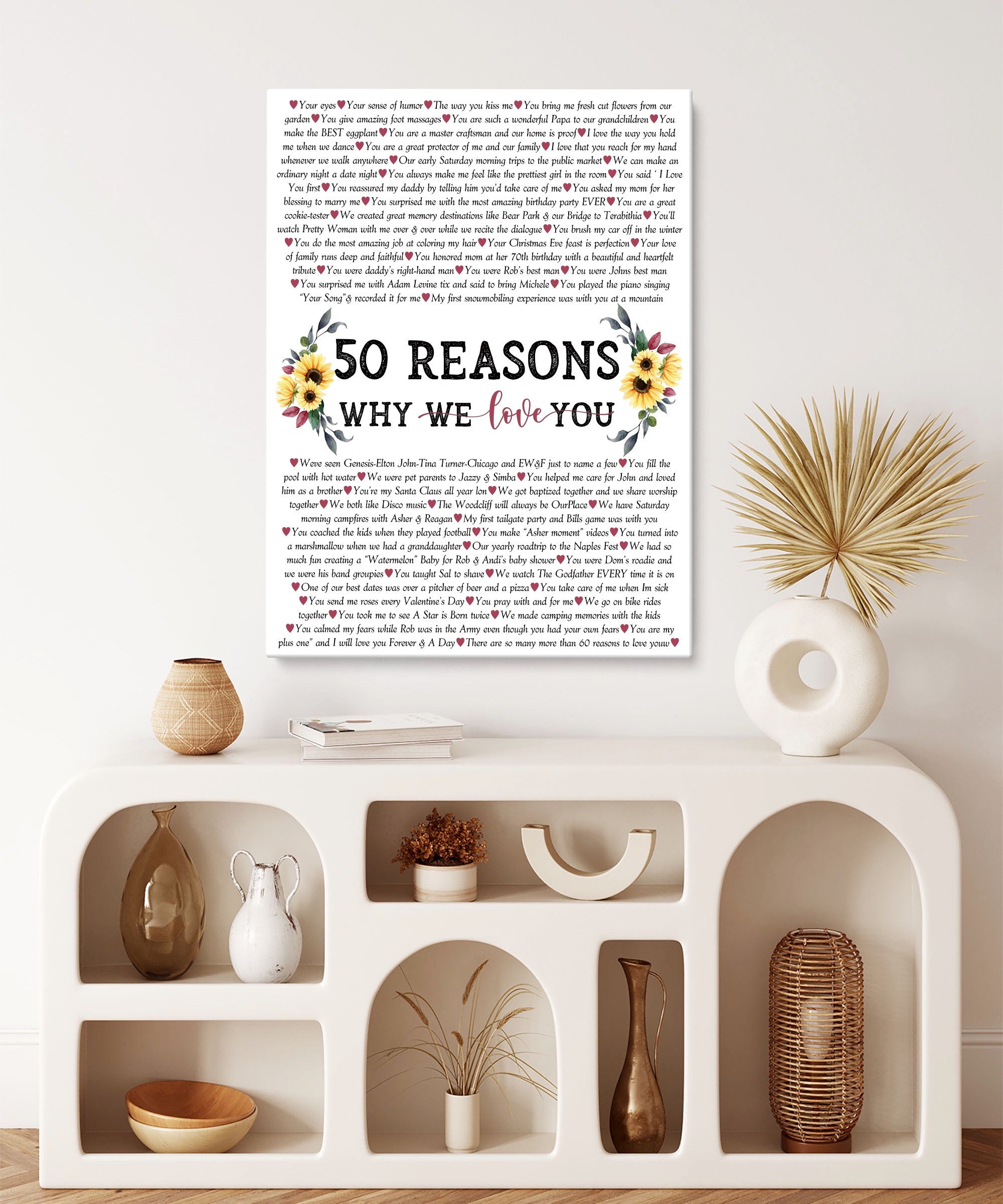 50th Birthday Gift, Custom 50 Quotes on Canvas, Personalized Birthday Gift,  Reasons Why I Love You, Canvas Print, Gift for Mom, Gift for Dad - OC